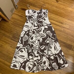Joie Midi Dress Brown White Floral Print Linen Viscose Womens Size 14 A-Line